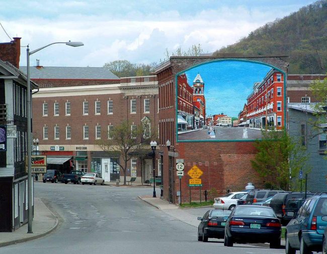 Living History Historical Mural painted on the side of a building in Bellows Falls, Vermont by Charles C. Clear III and Bonnie Lee Turner