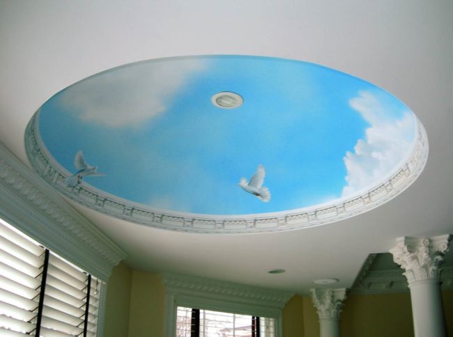 Blue Sky Ceiling Dome Mural painted in the Master Bathroom of a private residence in Lincoln, Rhode Island by Artist Charles C. Clear III