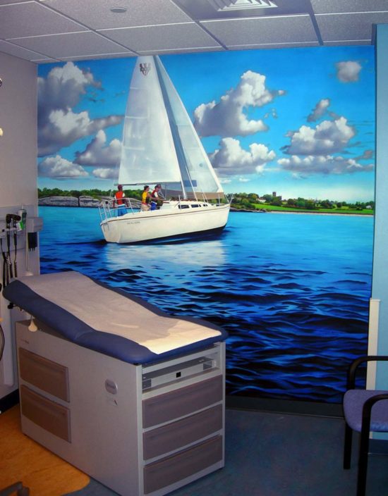 Sailboat Mural Treatment Room of Hospital, 8′ x 8′, 2009, Hasbro Children’s Hospital, Providence, RI by Artist Charles C. Clear III of Ocean State Art
