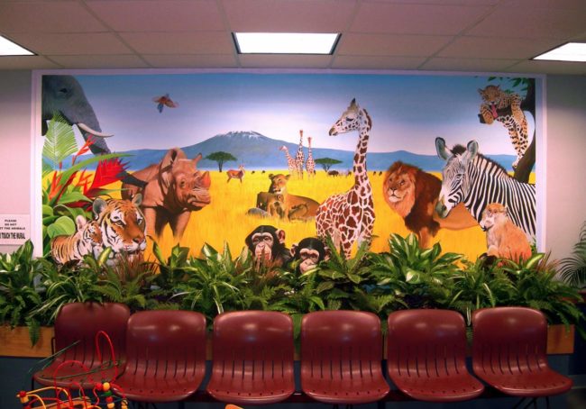 Animal Mural painted in the pediatric waiting room of the South Shore Medical Center in Norwell, Massachusetts by Artists Charles C. Clear III and Bonnie Lee Turner