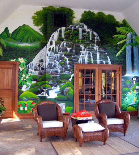 Waterfall Mural Painted in Solarium of Luxury Home by Artists Bonnie Lee Turner and Charles C. Clear III