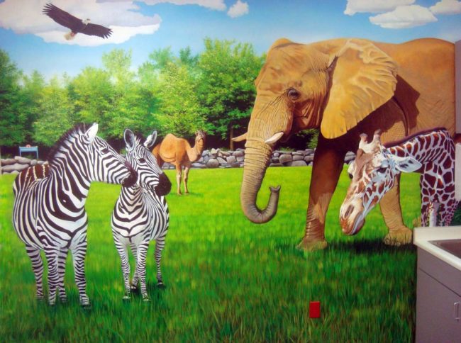 Zoo Animal Mural painted in a treatment room at the Pediatric Heart Center in Providence, Rhode Island by Artists Charles C. Clear III and Bonnie Lee Turner