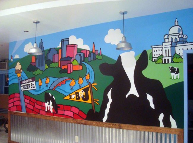 Ben and Jerrys Scoop Shop Mural, 17′ x 6′, 2013, painted in Ben & Jerry’s Scoop Shop, Thayer Street, Providence, RI, by Artists Charles C. Clear III and Bonnie Turner