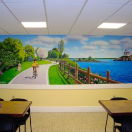 East Bay Bike Path Mural, 19′ x 5′, 2010, painted in the cafeteria of Bradley Hospital in East Providence, Rhode Island, by Artists Charles C. Clear III and Bonnie Lee Turner