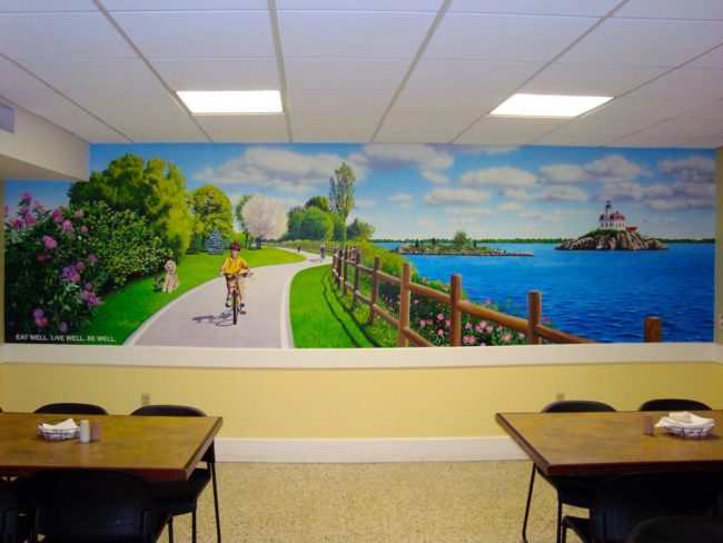 East Bay Bike Path Mural, 19′ x 5′, 2010, painted in the cafeteria of Bradley Hospital in East Providence, Rhode Island, by Artists Charles C. Clear III and Bonnie Lee Turner