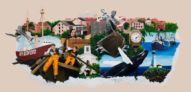 New Bedford Montage Mural, 15′ x 6′, V.A. Primary Care Center, New Bedford, MA, 1996, by Ocean State Art Artist Charles C. Clear III and Bonnie Lee Turner