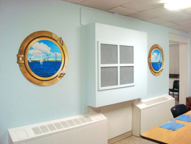 Hospital Porthole Murals painted in the Cafeteria of Bradley Hospital in East Providence, Rhode Island, by Artists Charles C. Clear III and Bonnie Lee Turner