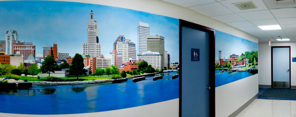 Providence Skyline Mural painted for the Rhode Island Hospital Diagnostic Imaging Center by Artist Charles C. Clear III of Ocean State Art