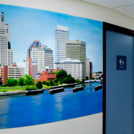 Providence Skyline Mural painted for the Rhode Island Hospital Diagnostic Imaging Center by Artist Charles C. Clear III of Ocean State Art