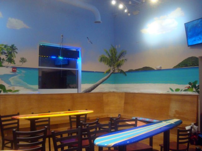 Yogurt Beach Tropical Mural painted at a Yogurt Beach Yogurt Shop in Plainville, Massachusetts by Charles C. Clear III and Bonnie Lee Turner