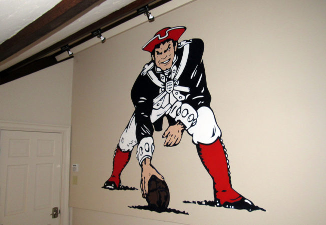 New England Patriots Logo Mural, 81″ x 81″, 2016, Private Residence, Dedham, Massachusetts by Ocean State Art Artist Charles C. Clear III and Bonnie Lee Turner