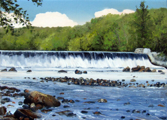 Albion Dam Plein Air Painting, 12″ x 16“, Oil on Canvas, Painted August 30, 2017, Albion Dam, Blackstone River Bikeway, Lincoln, Rhode Island by Artist Charles C. Clear III