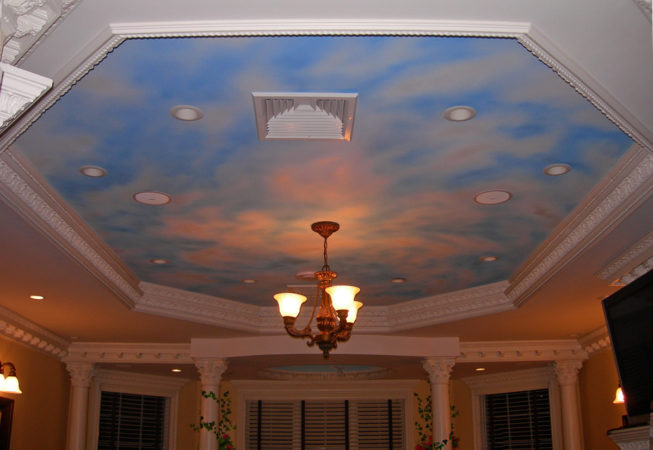 Blue Sky Ceiling Mural, 18' x 9', 2007, Private Residence, Lincoln, Rhode Island, by Artist Charles C. Clear III
