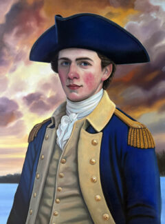 Oil portrait of young Alexander Hamilton in Revolutionary War uniform against a dramatic winter sky