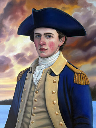 Oil portrait of young Alexander Hamilton in Revolutionary War uniform against a dramatic winter sky