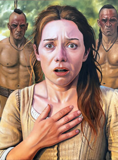 Oil portrait of Jane McCrea standing in the wilderness during the American Revolution, depicting her fear and vulnerability moments before her death in 1777