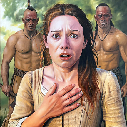 Oil portrait of Jane McCrea standing in the wilderness during the American Revolution, depicting her fear and vulnerability moments before her death in 1777