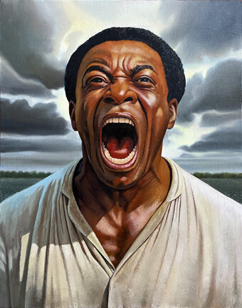 Oil painted portrait of Solomon Northup screaming in rage, clouds breaking behind him, symbolizing twelve years of enslavement and stolen freedom