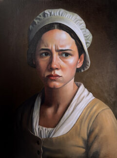Oil portrait painting of Sybil Ludington, a young woman of the American Revolution, depicted in a contemplative historical setting reflecting myth, memory, and wartime uncertainty