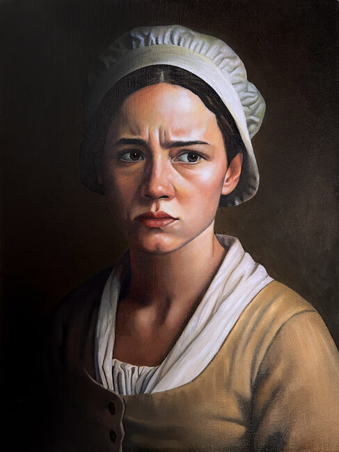 Oil portrait painting of Sybil Ludington, a young woman of the American Revolution, depicted in a contemplative historical setting reflecting myth, memory, and wartime uncertainty