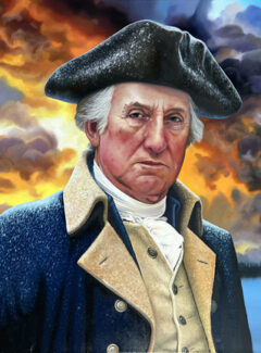 Oil portrait of George Washington after the Battle of Trenton, showing him cold, exhausted, and resolute against a smoky winter sky