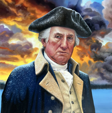 Oil portrait of George Washington after the Battle of Trenton, showing him cold, exhausted, and resolute against a smoky winter sky